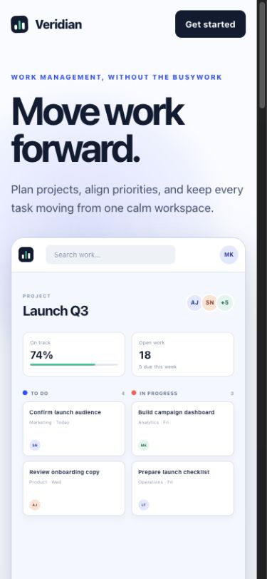 Mobile capture of the fictional Veridian landing page before the correction